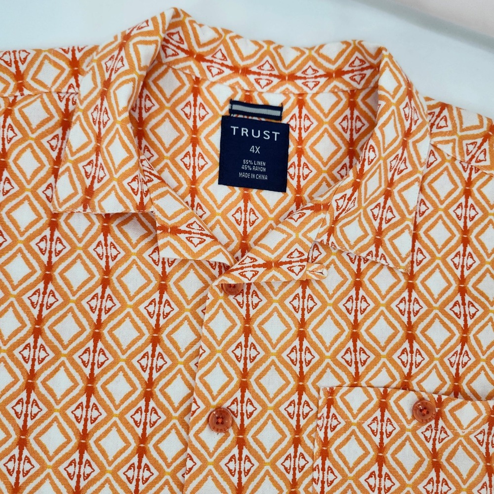 Trust‎ Mens Orange Geometric Linen Blend Camp Shirt Size 4X Resort Coastal Retro